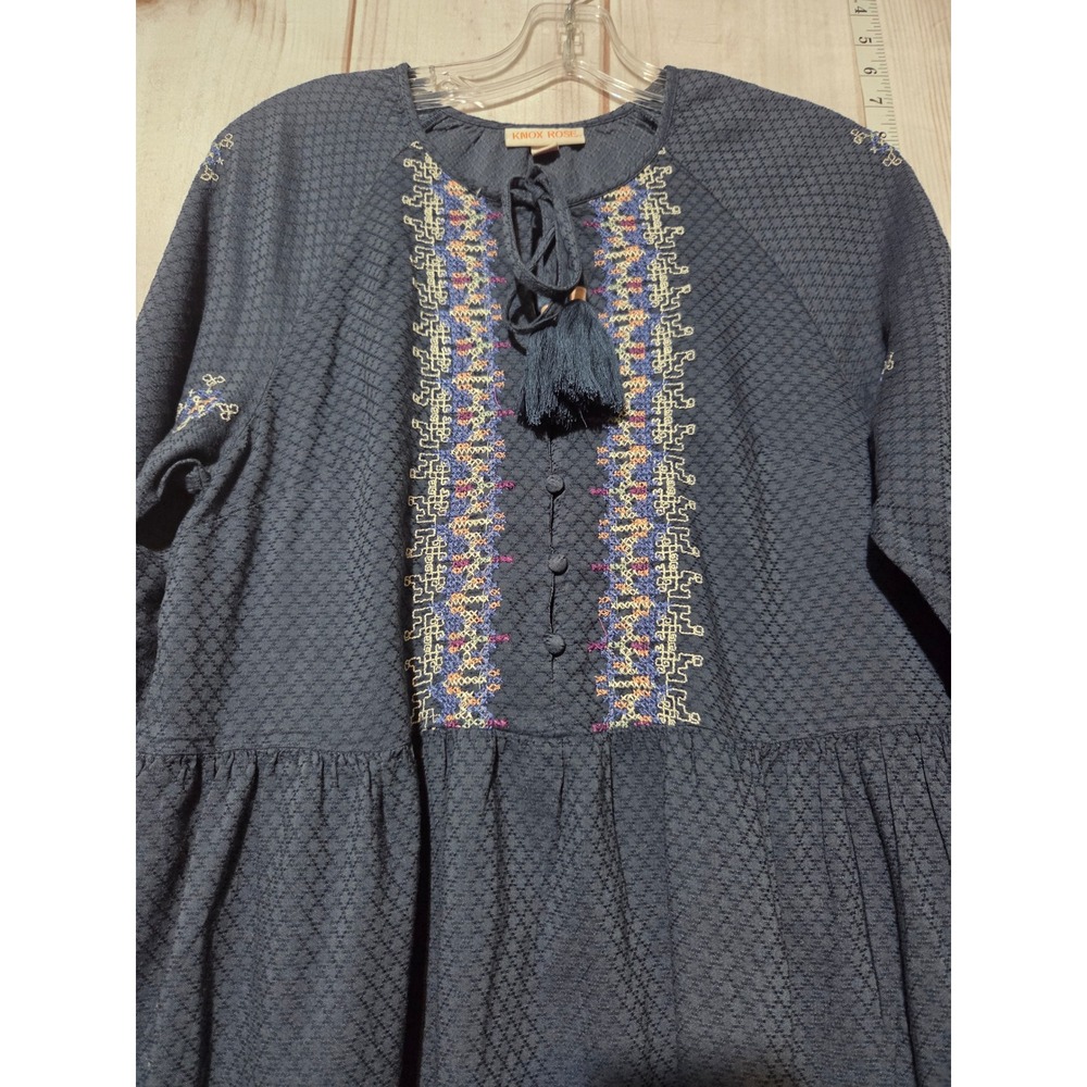 Knox Rose Women's Blue Embroidered Tassel Tie Long Sleeve Dress M Pockets - Picture 5 of 8